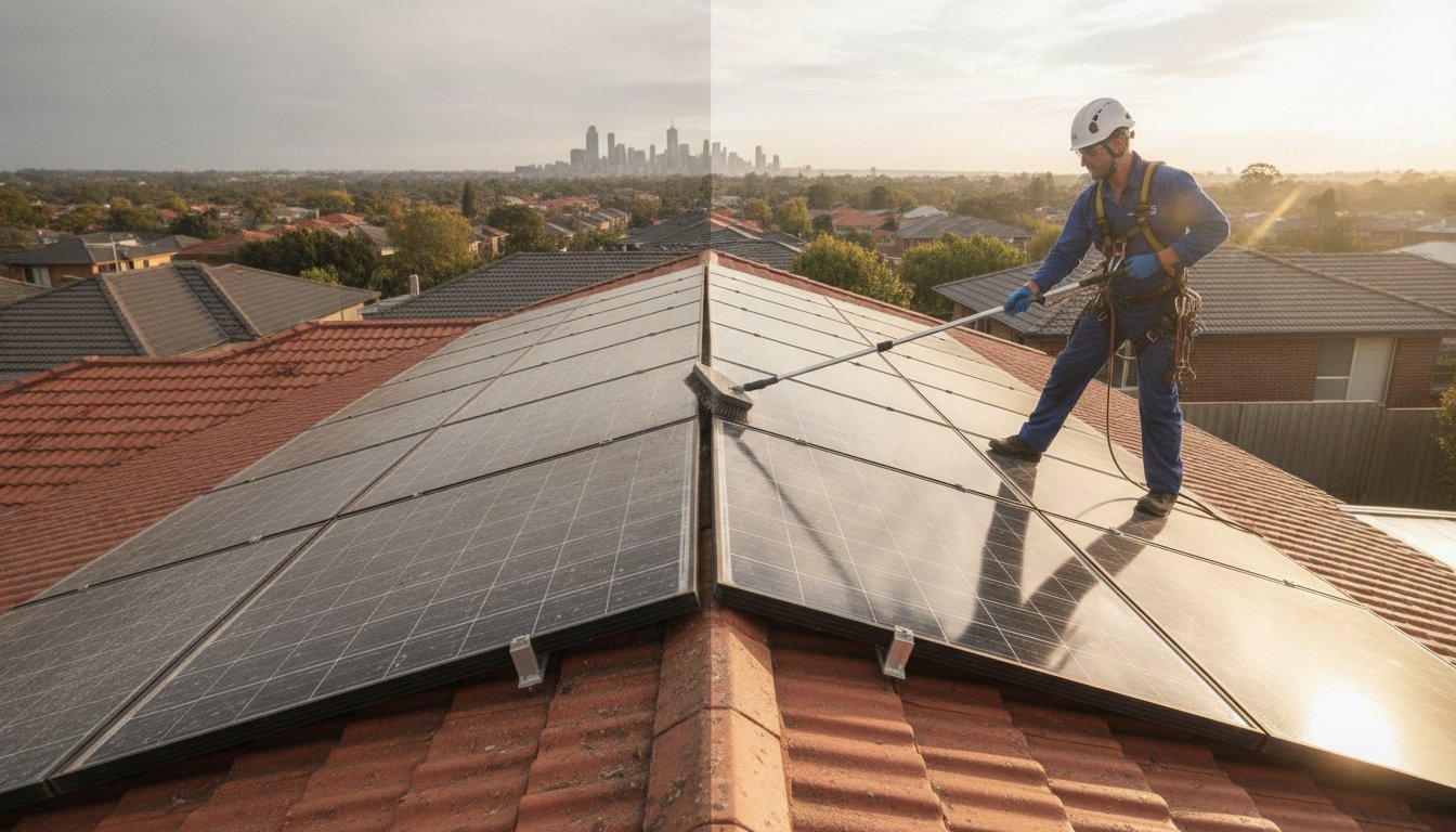 Solar Panel Cleaning Safety Requirements: Why Melbourne Rain Won’t Save Your Investment – Hero Image Solar Panel Cleaning Safety Requirements: Why Melbourne Rain Won’t Save Your Investment